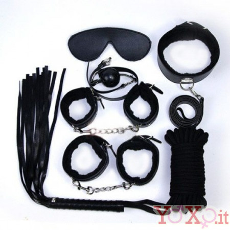 Kit BDSM Nero Completo con Frusta Manette Cavigliere Maschera Collare Corda e Gagball