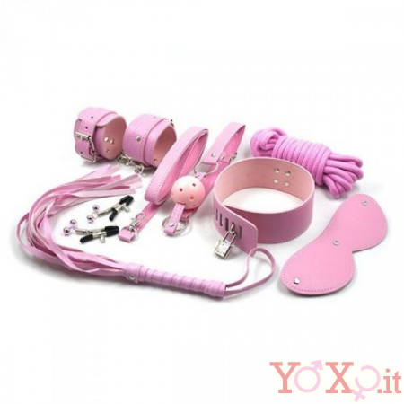 Kit BDSM Rosa Completo con Frusta Manette Pinze per Capezzoli Maschera Collare con Lucchetto Corda e Gagball