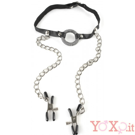 Bavaglio Gag o Ring con pinze per Capezzoli Fetish Fantasy