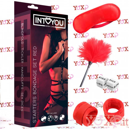 Kit BDSM Starter Pack 4 Pezzi con Manette, Maschera, Piumino e Dadi Rosso