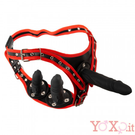 Strap On con Cintura Regolabile con 3 Falli Intercambiabili in Silicone 17 x 4 cm. Nero e Rosso