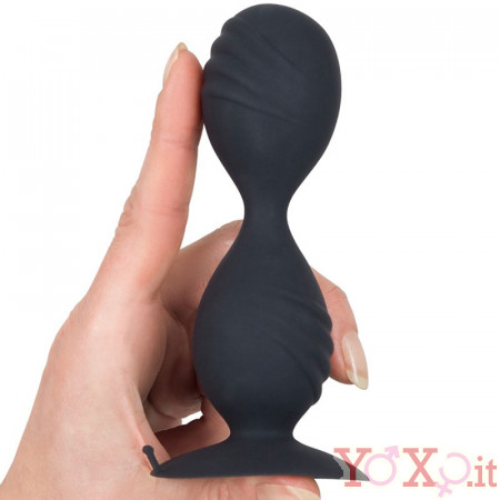 Cuneo anale in puro silicone nero con ventosa e doppia sfera oscillante 12,5 x 3,7 cm.