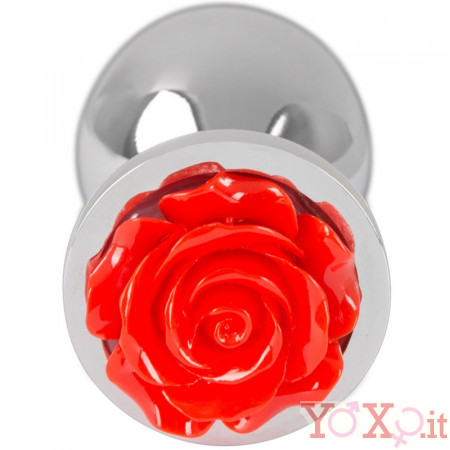 Cuneo anale in alluminio con gemma a forma di rosa rossa 9 x 3,4 cm.