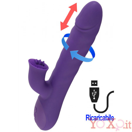 Vibratore rabbit in silicone viola con vibrazione, rotazione, spinta e lingue lecca clitoride 24,7 x 4,8 cm.