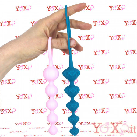 2 Catene Anale da 5 Bulbi Progressivi 20,5 x 2,8 e 20,5 x 3,3 cm. in Silicone Rosa e Azzurro