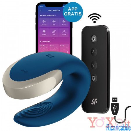Satisfyer Double Love Vibratore per Coppia in Silicone con Telecomando Wireless e APP Ricaricabile USB Blu
