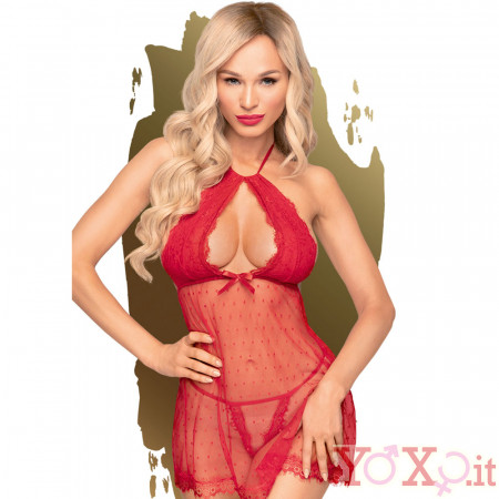Babydoll con Ricami in Pizzo e Perizoma Incluso Rosso - Hot Baby