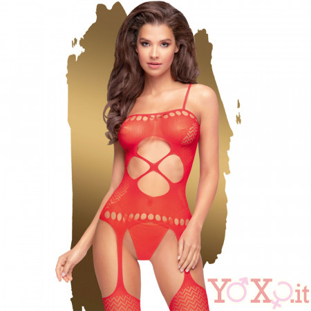 Bodystocking a Trama Zig Zag con Apertura a Quadrifoglio ed Effetto Reggi Calze Rosso - Nightfall