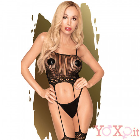 Bodystocking con Ricami ed Effetto Reggi Calze Nero - Sexy String