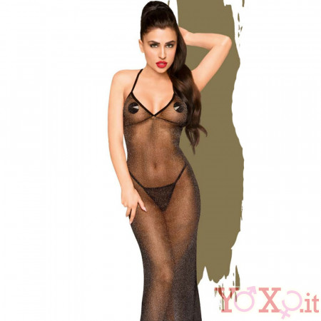 Abito Sexy Lungo Luccicante e Trasparente con Perizoma Incluso Nero - On Fire
