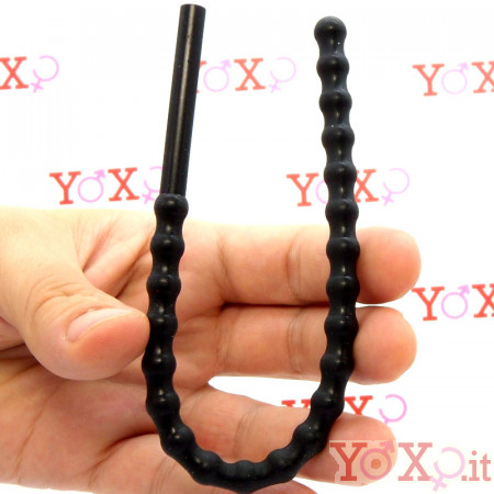 Sonda dilatatore uretra flessibile in silicone nero con 21 rilievi stimolanti 24 x 0,8 cm.