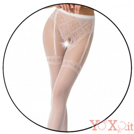 Collant sexy bianchi con ricamo a giarrettiera - Taglia unica elasticizzata (Tg. 36-46)