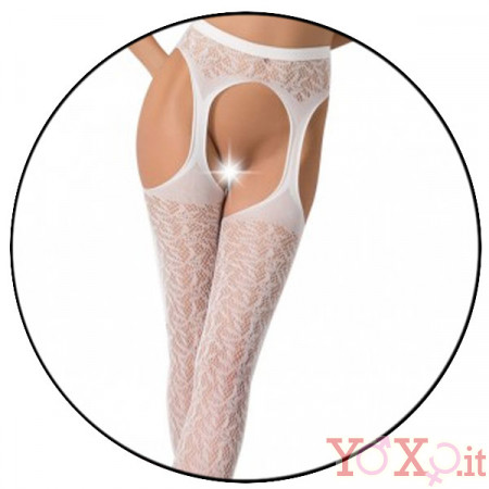 Collant sexy bianchi con ricami a foglioline - Taglia unica elasticizzata (Tg. 36-46)