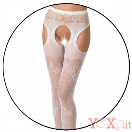 Collant bianchi con ricami floreali su fascia e gambe - Taglia unica elasticizzata (Tg. 36-46)