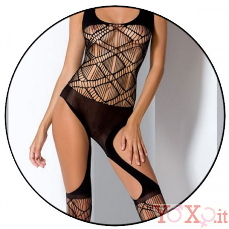 Tuta sexy a rete nera con trama a rombi su torace e gambe - Taglia unica elasticizzata (Tg.36-48)