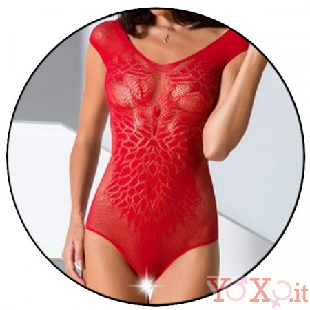 Body sexy a rete rosso con ricami vari - Taglia unica elasticizzata (Tg. 36-46)
