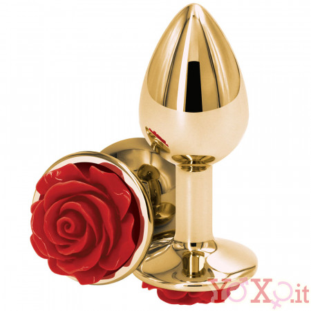 Cuneo Anale in Alluminio con Gemma a Forma di Rosa Rossa 7,6 x 2,7 cm. Oro