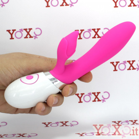Vibratore rabbit in silicone rosa con stimolatore a forma di tulipano e doppio motore 19 x 3,2 cm.