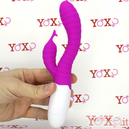 Vibratore rabbit in silicone fucsia sagomato con 30 vibrazioni 20 x 3,2 cm.
