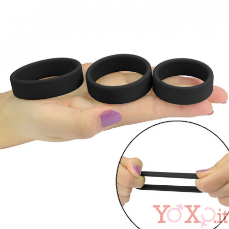 Set di Cockring in Silicone 3,8, 4,3 e 4,8 cm. Nero