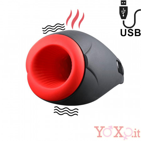 Masturbatore Riscaldante Vibrante in Silicone Ricaricabile USB Nero e Rosso
