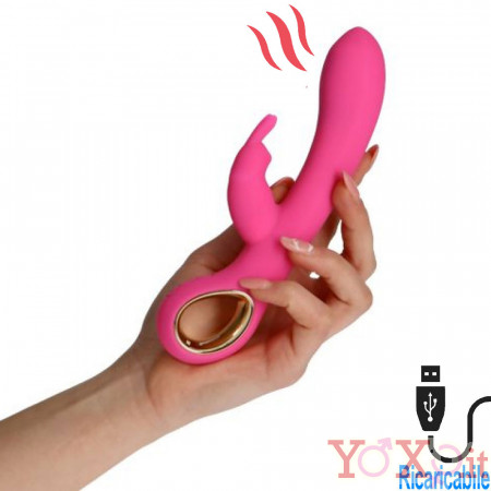 Vibratore Rabbit Riscaldante con Motore Doppio Ricaricabile USB in Silicone Rosa 19 x 3,3 cm.