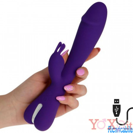 Vibratore Rabbit in Puro Silicone Viola Ricaricabile  USB 22,5 x 4 cm.