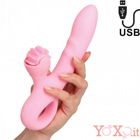 Pink Taste - Vibratore Rabbit in Silicone con Rotella Lecca Clitoride 20 x 3,5 cm. Rosa Ricaricabile USB