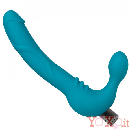 Strapless strap-on vibrante senza lacci in silicone azzurro 22,8 x 4,4 cm.