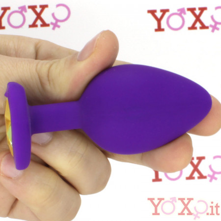 Cuneo Anale in Silicone Viola con Gemma a Forma di Cuore Oro 7 x 3,5 cm.