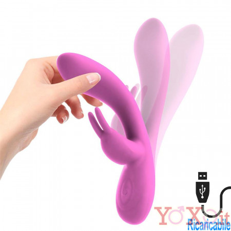 Vibratore rabbit in silicone rosa ricaricabile USB 19,9 x 3 cm.