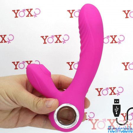 Vibratore riscaldante rabbit in puro silicone con succhia clitoride ricaricabile USB 18 x 3,5 cm.