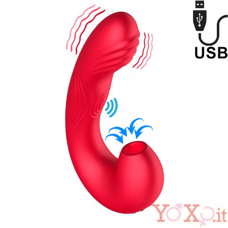 Shiva - Vibratore Punto G, Pulsazioni e Succhia Clitoride in Silicone 16,8 x 4 cm. Rosso Ricaricabile USB