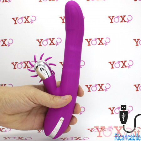 Vibratore rabbit con sfere rotanti e rotella lecca clitoride in silicone ricaricabile USB 24 x 3,5 cm.