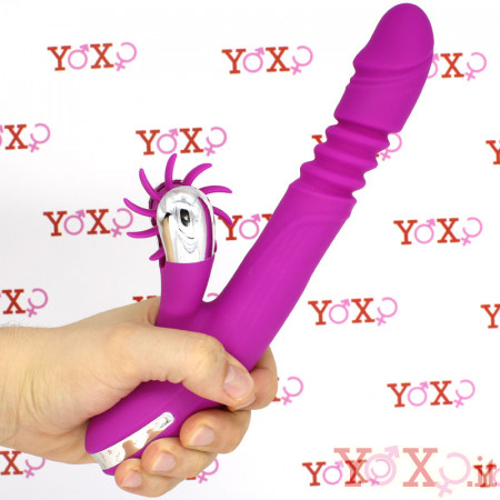 Vibratore rabbit in silicone viola ricaricabile con USB con rotella lecca clitoride e funzione di spinta 24 x 3,5 cm.