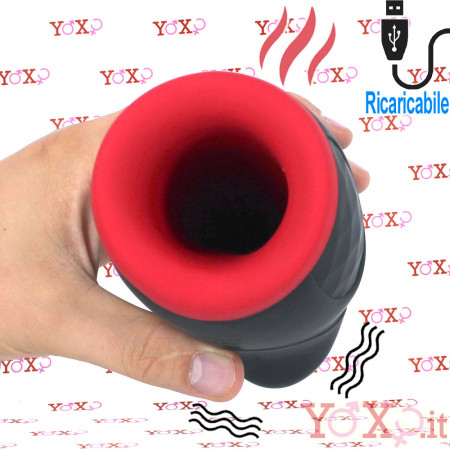 Masturbatore Maschile Vibrante e Riscaldante in Silicone Ricaricabile USB Nero e Rosso