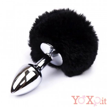 Cuneo Anale in Acciaio con Coda a Pompon Nero 7 x 3 cm. Argento