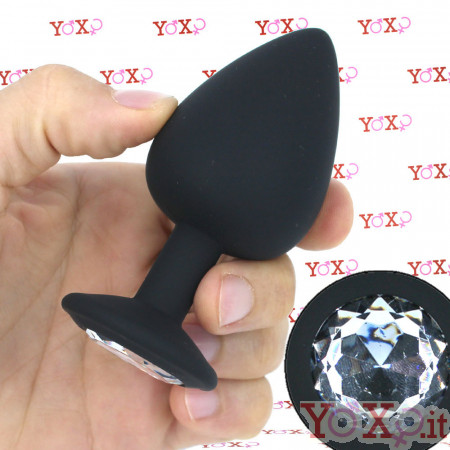 Sparkly L - Cuneo Anale con Gemma Bianca 9,5 x 4,5 cm. in Silicone Nero