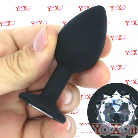Sparkly S - Cuneo Anale con Gemma Bianca 7,5 x 2,6 cm. in Silicone Nero