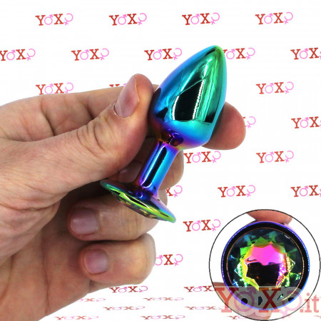 Space Journey S - Cuneo Anale in Metallo con Gemma Multicolore 7 x 2,7 cm. Multicolor