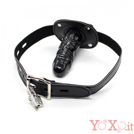 Ball gag nera a forma di fallo 10 x 3,5 cm. con lucchetto