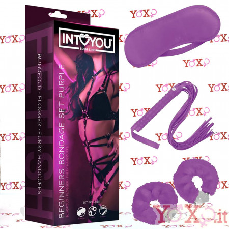 Kit BDSM Beginner Pack 3 Pezzi con Frusta, Manette e Maschera Lilla