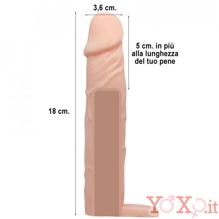 Guaina Allunga Pene +5 cm. con Anello Testicoli color Carne 17 x 3,6 cm.