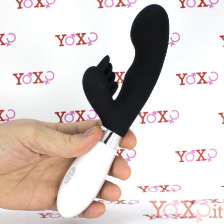 Vibratore rabbit in silicone nero con lingue lecca clitoride 21 x 3,4 cm.