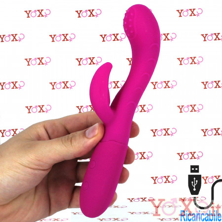 Cakey - Vibratore Rabbit in Silicone Morbido e Flessibile 19 x 3 cm. Ricaricabile con USB Fucsia
