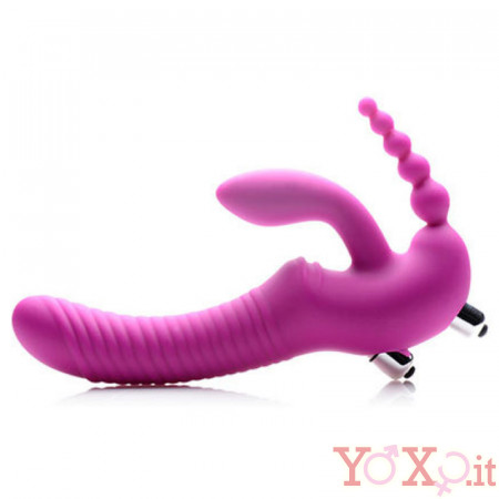 Fallo Indossabile Vibrante in Silicone Rosa Senza Lacci con Fallo Anale 23 x 3,8 cm.