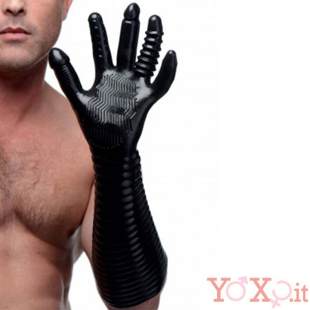 Guanto nero zigrinato per fisting con dita stimolanti