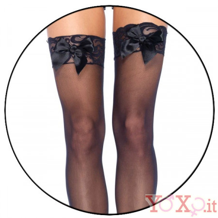 LEG AVENUE Calze Velate Autoreggenti con Fascia in Pizzo e Fiocco - Taglia Unica Elasticizzata (Tg.36-48)