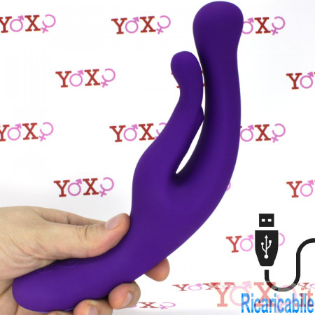 Vibratore in silicone viola per stimolazione Punto G e clitoride simultanea 23 x 3 cm.