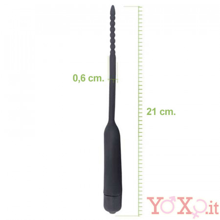 Sonda dilatatore uretra flessibile vibrante in silicone nero con rilievi stimolanti 21 x 0,6 cm.